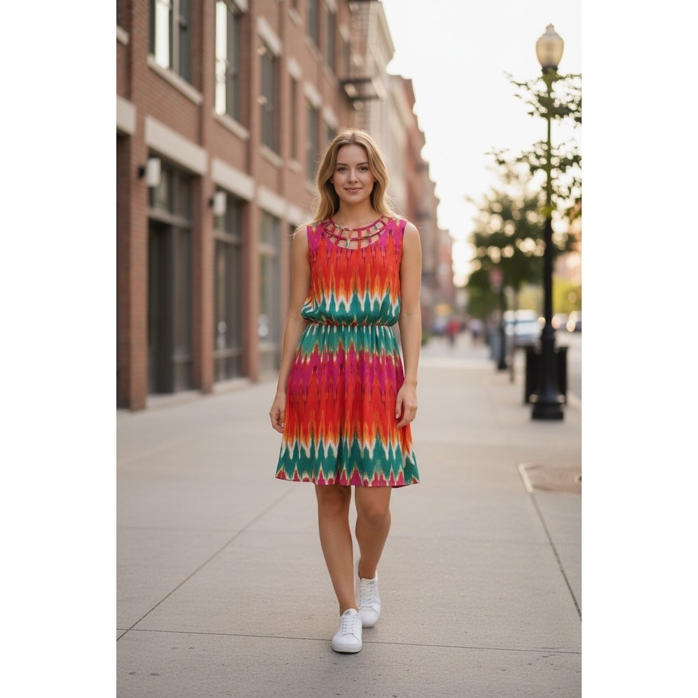 My Michelle Womens Dress 14 Orange Pink Ikat Chevron Cage Neck Boho Colorful